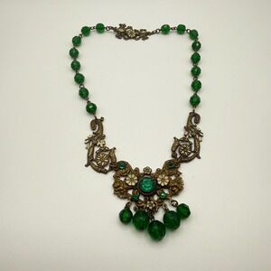 Vintage Art Deco Brass Green Glass Bead Floral Enamel Bib Chandelier Necklace